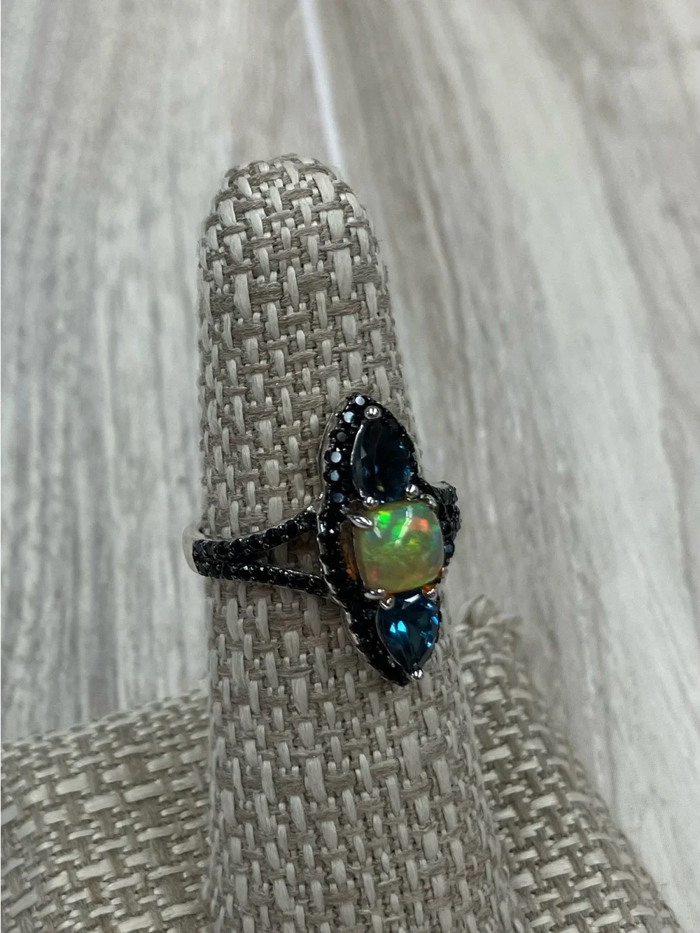 Black Rhodium Band, Opel With Blue Stones, & Black Spinel Ring, Sz 7